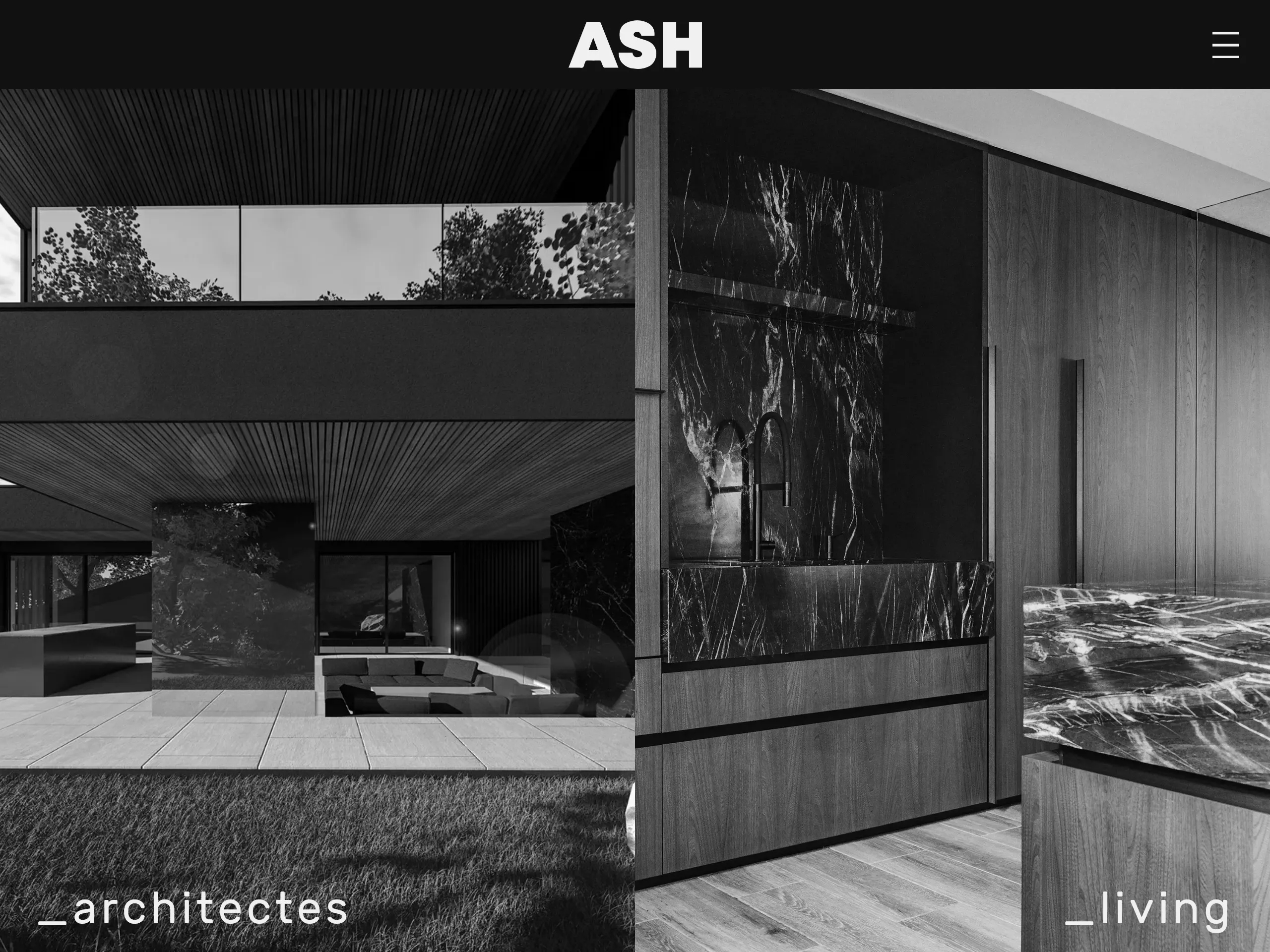 Page d'accueil du site internet asharchitectes.fr avec le choix des deux univers