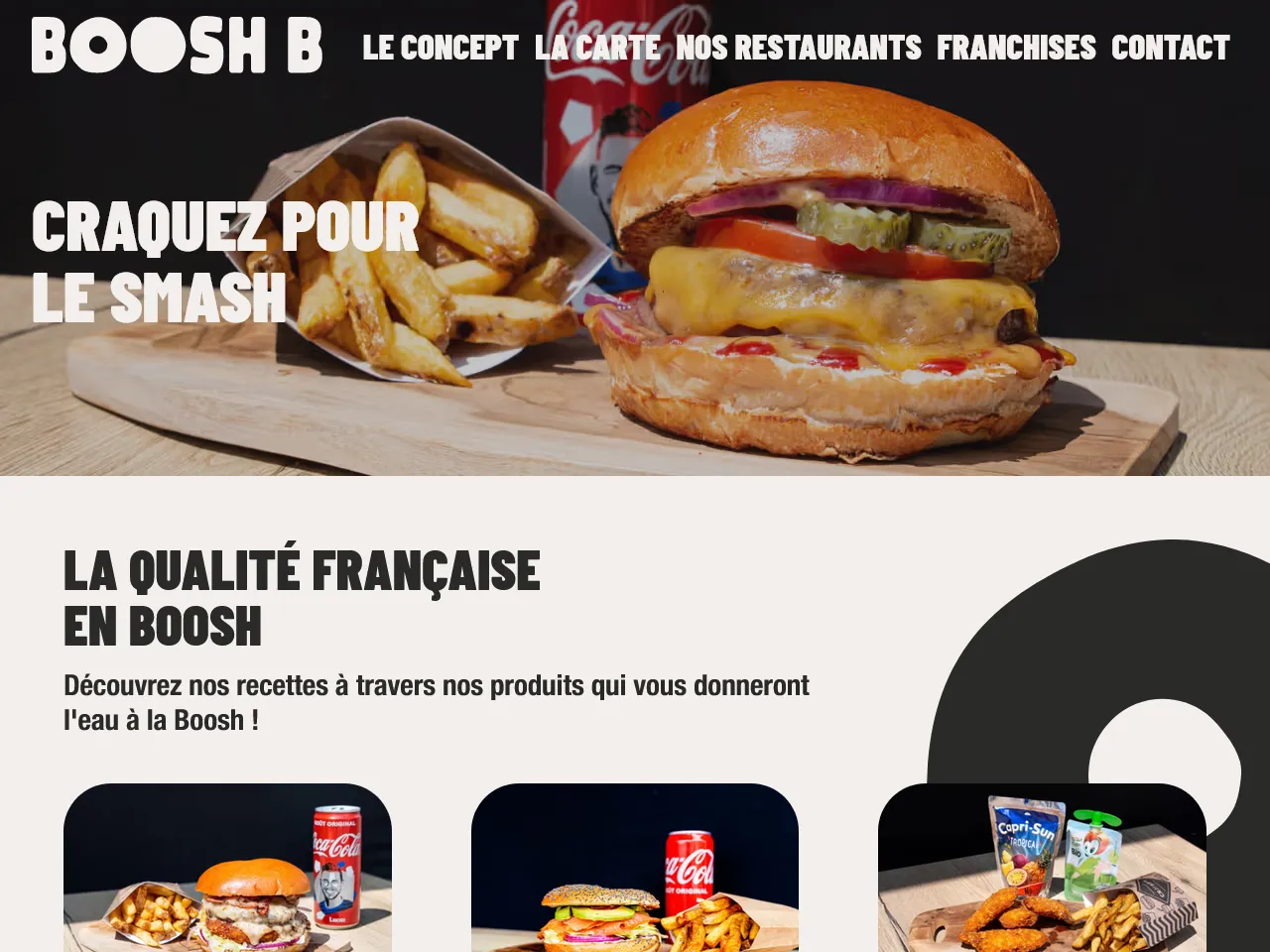 Page d'accueil du site des restaurants Boosh-B, visible sur booshb.com
