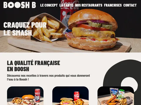 Page d'accueil du site des restaurants Boosh-B, visible sur booshb.com
