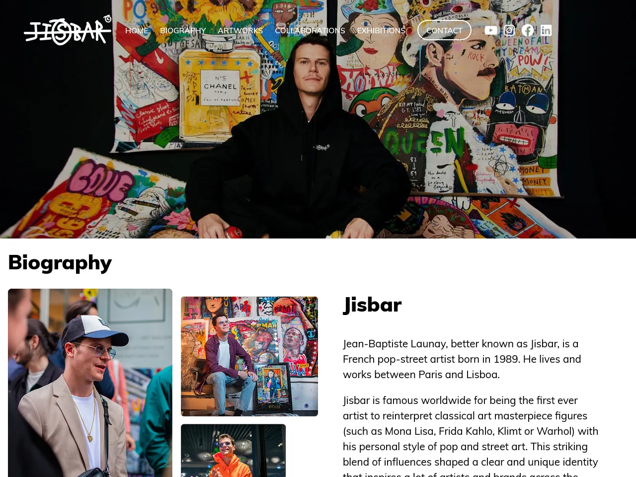 Page d'accueil du site de Jisbar, avec une photo de l'artiste et un extrait de sa biographie.
