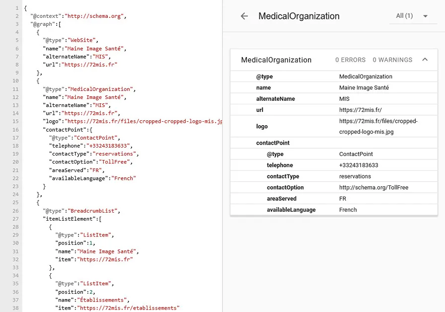 Extrait du JSON de donneés structurées et de leur validation via Schema.org sur une page du site 72mis.fr