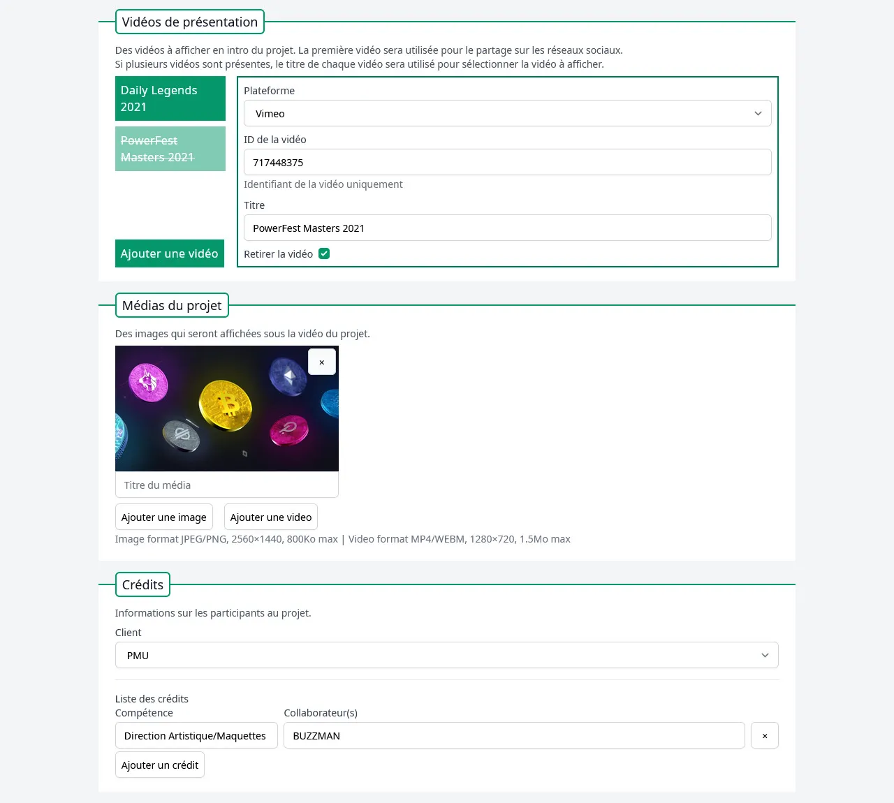 Page d'édition d'un projet, avec la gestion des vidéos, des médias et des crédits