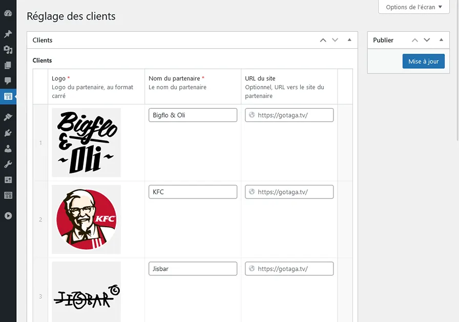 Capture d'écran de la page de gestion des clients présents dans le carousel