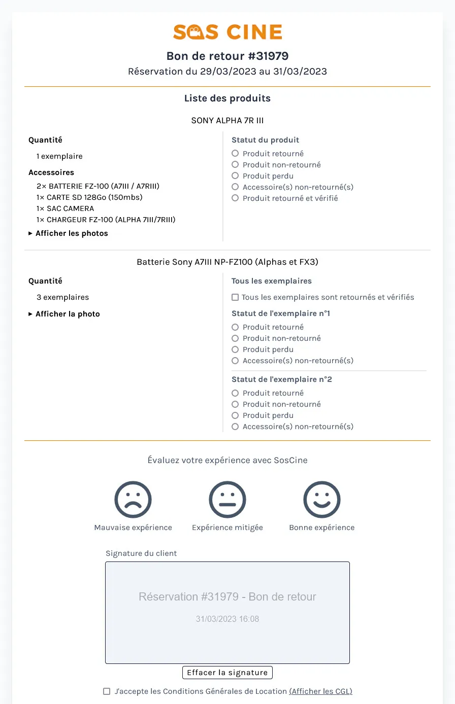 Bon de retour d'une réservation. La page comporte les informations sur la réservation et sur le client. En dessous, un formulaire avec la liste des produits loués, le statut de chaque exemplaire de produit, puis un espace pour que le client évalue son expérience avec SosCine, et signe pour confirmer le bon de retour.