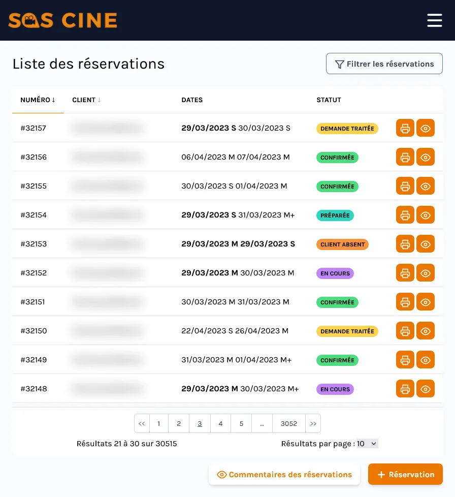 Page des réservations de l'application de gestion des stocks de SosCine. Les réservations sont listées, avec pour chacune le nom du client, les dates de début et de fin, le statut de la réservation, et des boutons pour imprimer ou afficher la réservation.