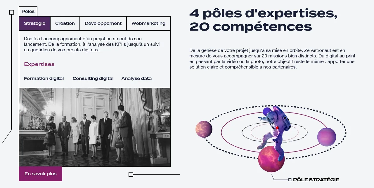 Aperçu du bloc des expertises présent sur la page d'accueil, où la galaxie et l'astronaute tournent selon l'expertise sélectionée.